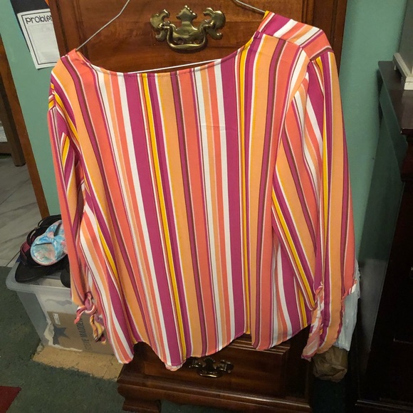 EUC Kristen Nicole 3/4.Tie Sleeves Orange, White, Pink & Mauve Striped Blouse - Picture 5 of 5